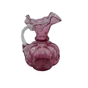 VTG Fenton Cranberry Glass Melon Pitcher – 5" Ruffled Edge Twisted Clear Handle